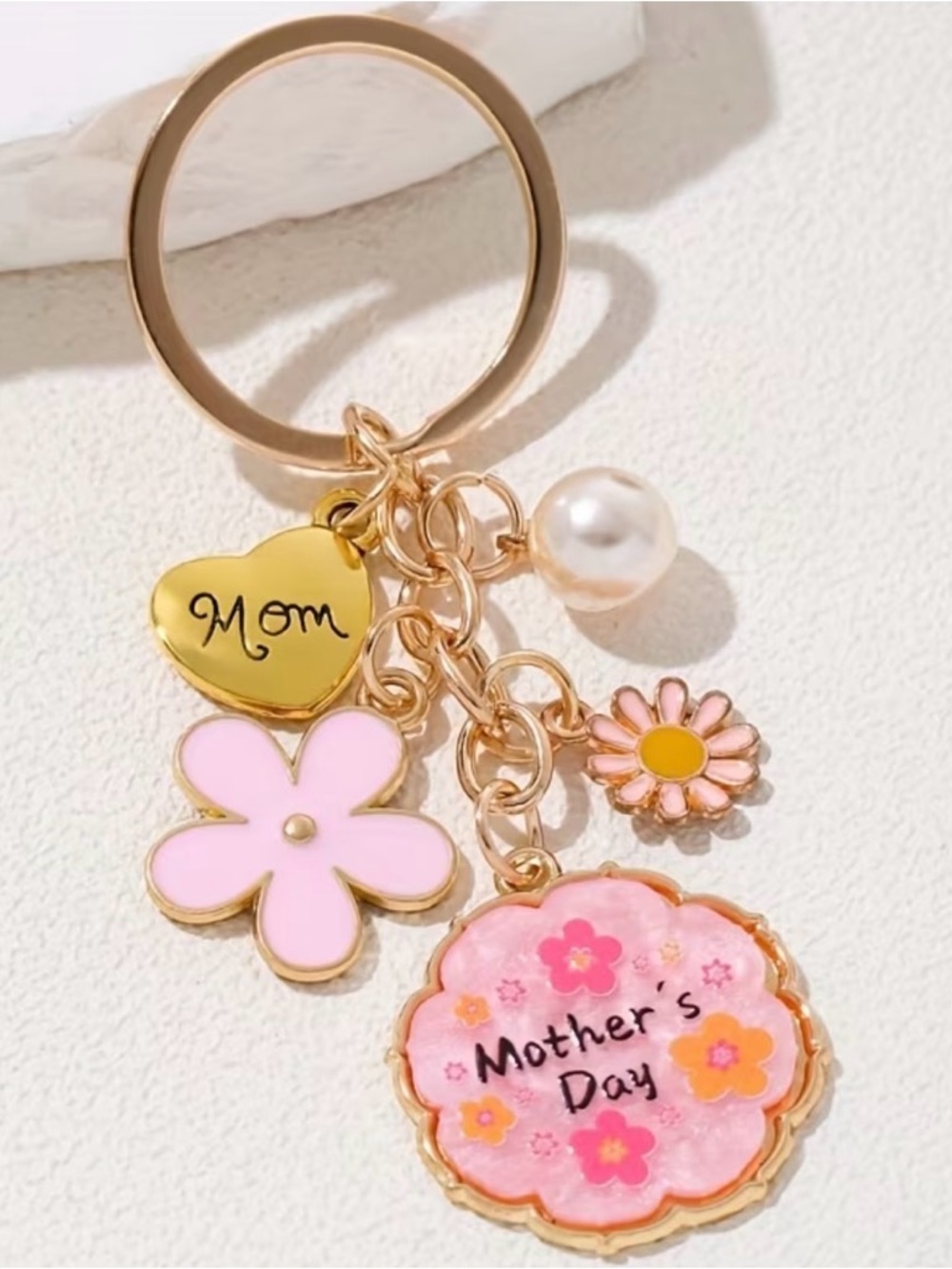 Mother's Day Floral Charm Keychain - Pink & Gold